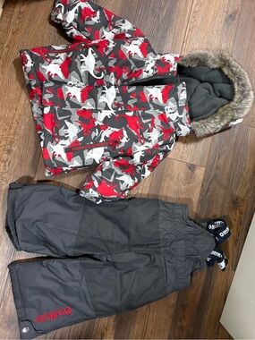 Kids Red & Gray Dino Winter Jacket with Gray Snow Pants